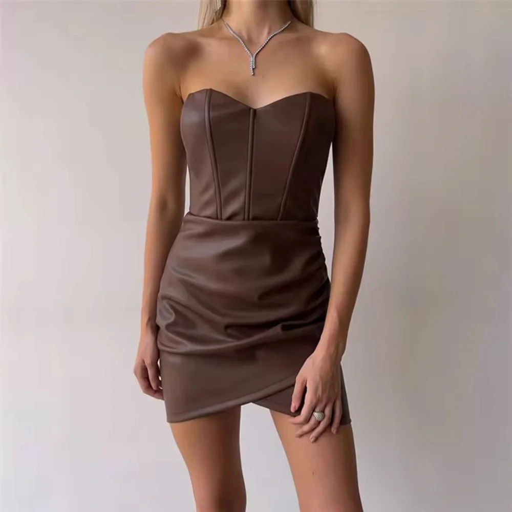 NWT Brown pu leather mini fitted dress ruched side high waisted bone corset XS/S - Picture 5 of 12